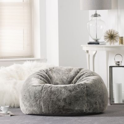 icon® Kenai Luxury Faux Fur Bean Bag, Arctic Wolf in living room with fluffy bean bag